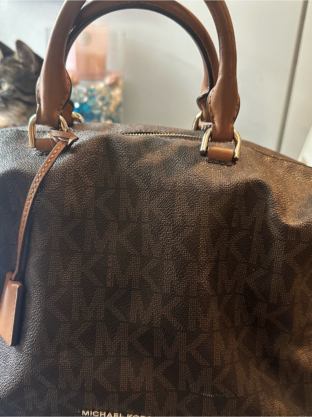 Michael Kors Brown MK Signature Dome Satchel with Tan Handles